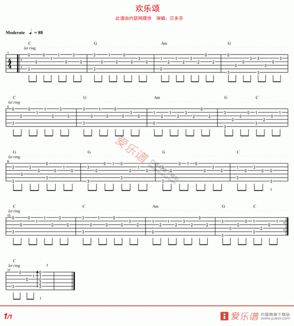 欢乐颂吉他谱单音,欢乐颂吉他谱入门简谱